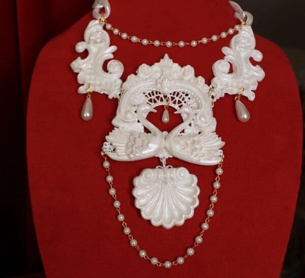 SOLD! 9645 Swans Art Deco White Architect Large Necklace