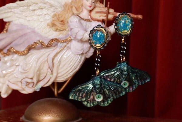 SOLD! 9658 Goth Halloween Moth Iridescent Studs Earrings - Image 3