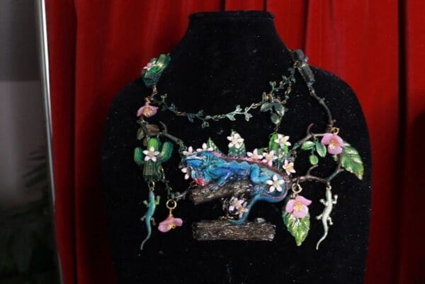 SOLD! 9660 Set Of Genuine Blue Quartz Hand Painted Vivid Iguana Necklace+ Earrings - Image 6