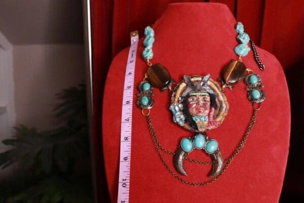 SOLD! 9662 Art Jewelry Native Warrior American Chief Genuine Gemstones One Of A Kind Necklace - Image 3