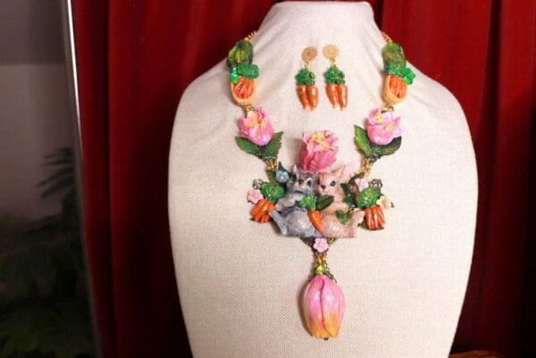 SOLD! 9666 Art Jewelry Set Of Bunnies Carrots Tulips Hand Painted Necklace+ Earrings - Image 5