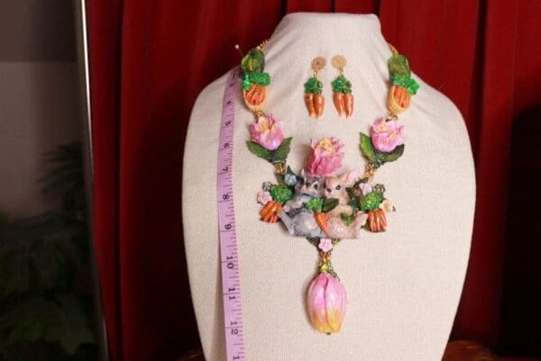 SOLD! 9666 Art Jewelry Set Of Bunnies Carrots Tulips Hand Painted Necklace+ Earrings - Image 6