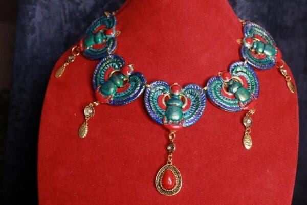 SOLD! 9687 Egyptian Revival Scarab Hand Painted Turquoise 3D Necklace - Image 2
