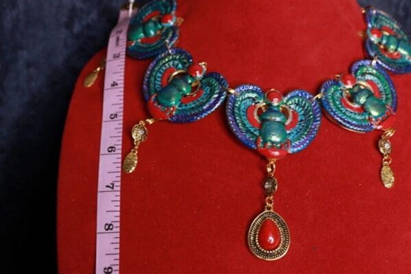 SOLD! 9687 Egyptian Revival Scarab Hand Painted Turquoise 3D Necklace - Image 4
