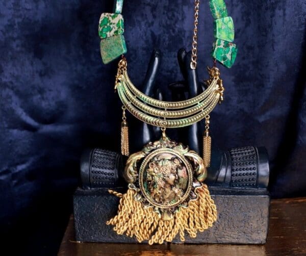SOLD! 9693 Set Of Art Deco Bronze Color Patina Genuine Gemstones Fringe 3D Necklace+ Earrings - Image 3