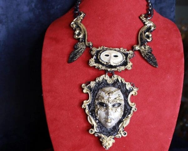 SOLD! 9694 Dark Series Art Jewelry 3D Effect Vintage Style Venetian Mask Jocker Huge Necklace - Image 3