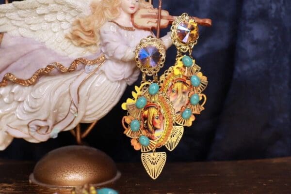 SOLD! 9699 Egyptian Cameo Cleopatra Yellow Large Earrings