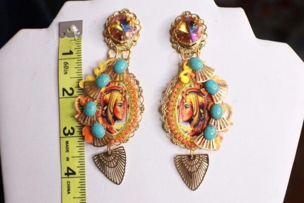 SOLD! 9699 Egyptian Cameo Cleopatra Yellow Large Earrings - Image 4