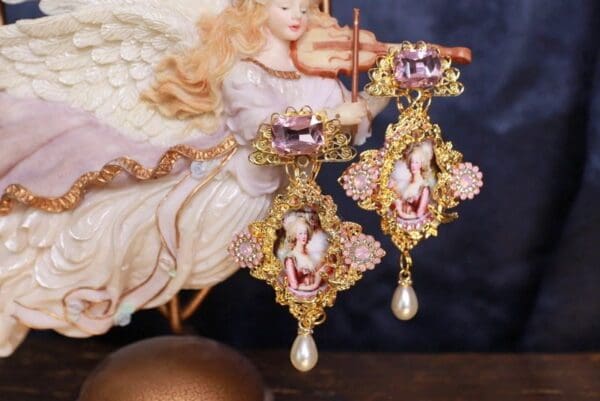 SOLD! 9707 Marie Antoinette Pink Rhinestone Cameo Studs Earrings - Image 2