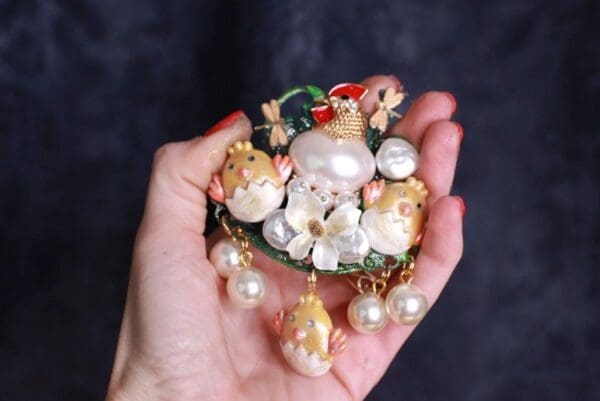 SOLD! 9717 Set Of 2 Rings+Brooch Chicken Pearl - Image 4