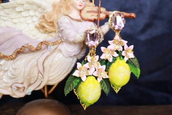 SOLD! 9723 Baroque Large Lemon Fruit Flower Blossom Pink Earrings - Image 2