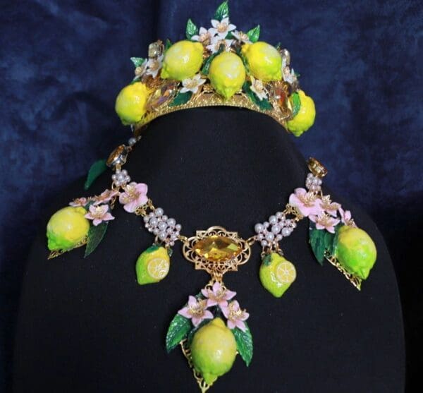 SOLD 9724 Baroque 3D Effect Triple Lemon Fruit Statement Necklace - Image 3