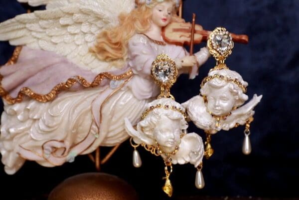 SOLD! 9729 Baroque White Large Chubby Cherubs Angels Earrings