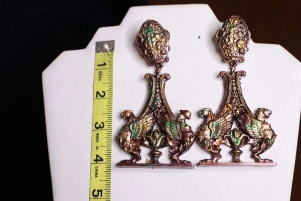 SOLD! 9739 Vintage Style Cooper Patina Gargoyles Baroque Studs Earrings - Image 8