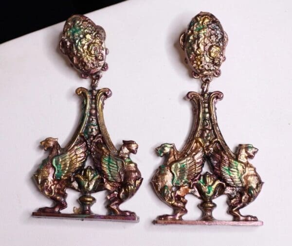 SOLD! 9739 Vintage Style Cooper Patina Gargoyles Baroque Studs Earrings - Image 2