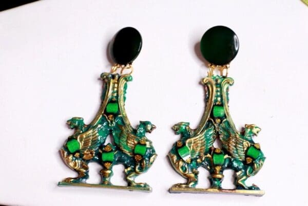 SOLD! 9740 Vintage Style Green Gargoyles Baroque Studs Earrings - Image 2