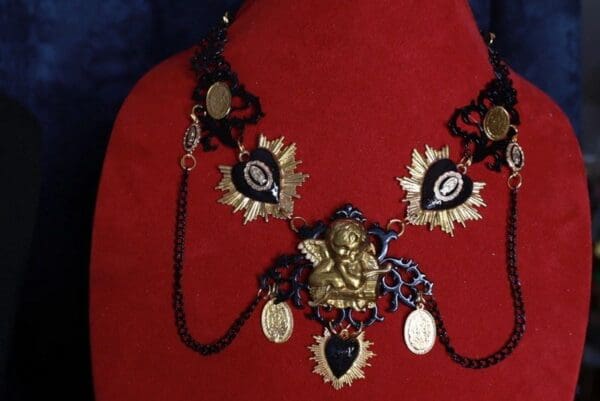 SOLD! 9743 Baroque Sacred Heart Cherub Black Statement Necklace - Image 4