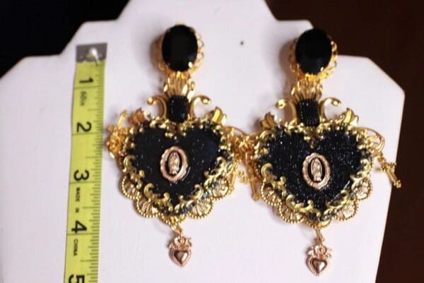 SOLD! 9745 Baroque Large Black Sacred Heart Studs Earrings - Image 6