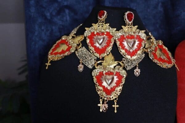 SOLD! 9746 Baroque Sacred Hearts Red Statement Necklace - Image 4