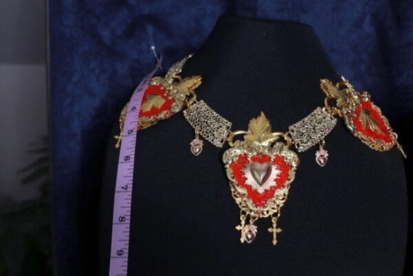SOLD! 9746 Baroque Sacred Hearts Red Statement Necklace - Image 6