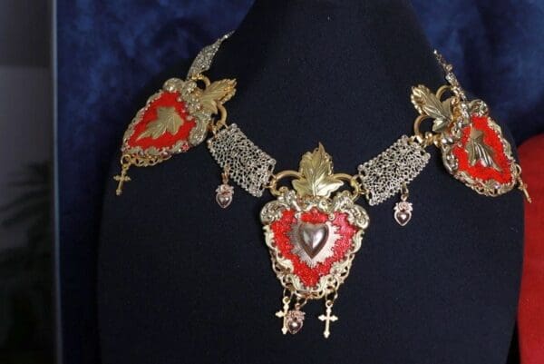 SOLD! 9746 Baroque Sacred Hearts Red Statement Necklace - Image 7