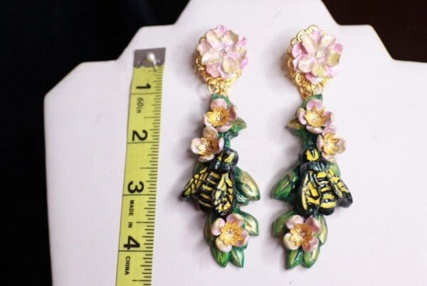 SOLD! 9752 Baroque Leaf Bee Long Earrings Studs - Image 5