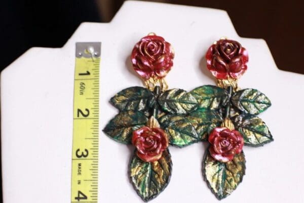 SOLD! 9759 Art Jewelry Vivid Roses Leaf 3D Effect Studs Earrings - Image 5