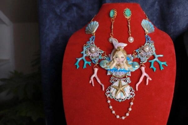 SOLD! 9767 Necklace+ Earrings Set Nautical Sleeping Mermaid Corals - Image 3