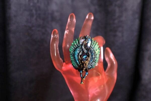 SOLD! 9802 Egyptian Revival Bastet Genuine Malachite Adjustable Cocktail Ring - Image 3