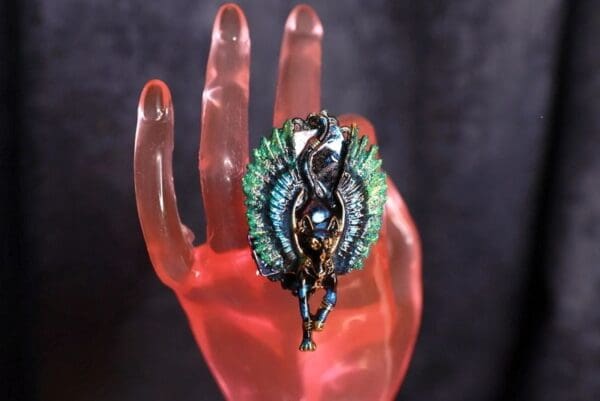 SOLD! 9802 Egyptian Revival Bastet Genuine Malachite Adjustable Cocktail Ring - Image 4