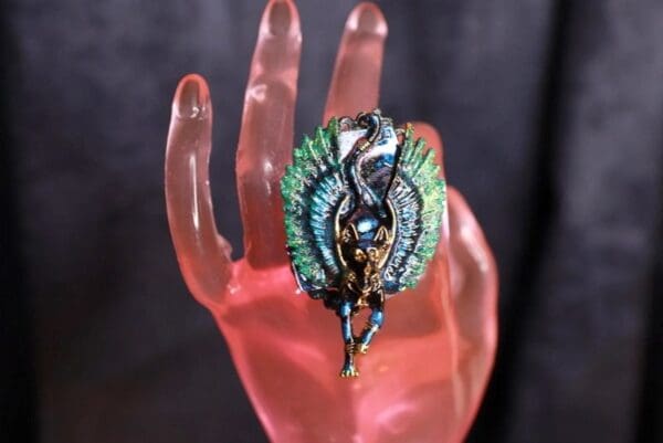 SOLD! 9802 Egyptian Revival Bastet Genuine Malachite Adjustable Cocktail Ring - Image 5