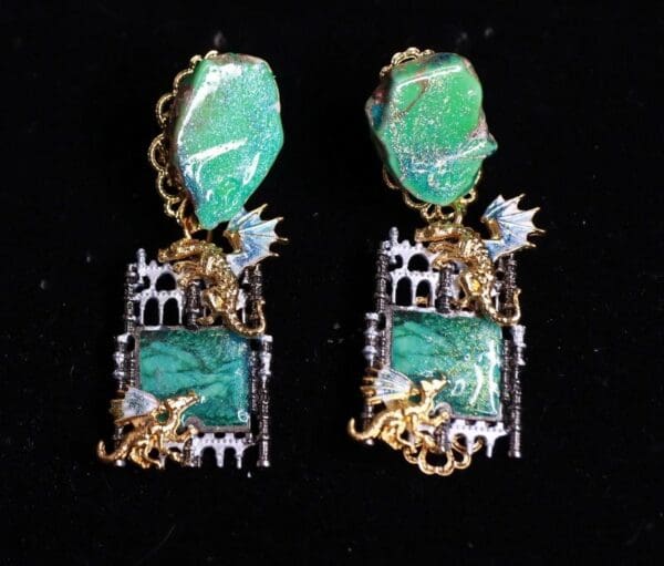 SOLD! 9804 Medieval Dragons Castel Vintage Style Studs Earrings