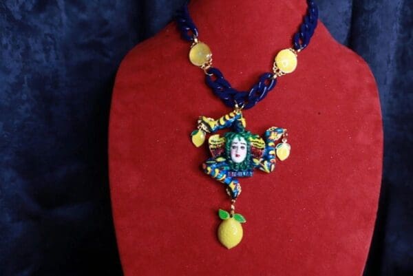 SOLD! 9811 Sicilian Trinacria With Lemons Art Jewelry 3D Effect Necklace - Image 2