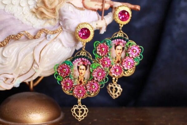 SOLD! 9814 Frida Kahlo Fuchsia Flowers Studs Earrings