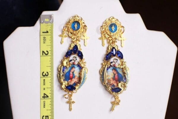SOLD! 9818 Virgin Mary Blue Crosses Studs Earrings - Image 5