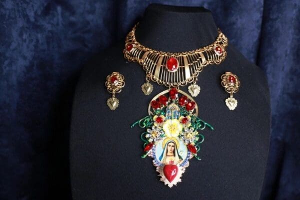 SOLD! 9820 Necklace+ Earrings Virgin Mary Madonna Yellow Red Massive Set