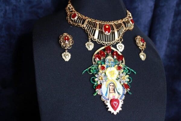SOLD! 9820 Necklace+ Earrings Virgin Mary Madonna Yellow Red Massive Set - Image 2