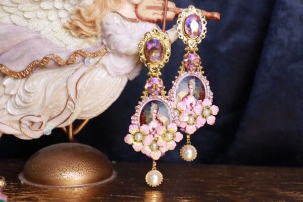 SOLD! 9823 Marie Antoinette Long Pink Flowers Studs Earrings