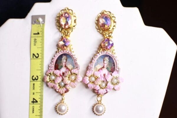 SOLD! 9823 Marie Antoinette Long Pink Flowers Studs Earrings - Image 4