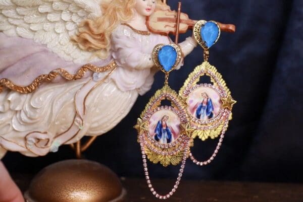 SOLD! 9825 Virgin Mary Blue Pink Studs Earrings
