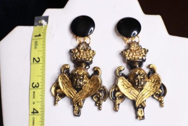 SOLD! 9839 Baroque Chandelier cherubs Black Studs Earrings - Image 4