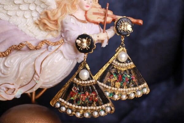 SOLD! 9840 Flamenco Spanish Large Vintage Style Fan Hand Painted Earrings - Image 2
