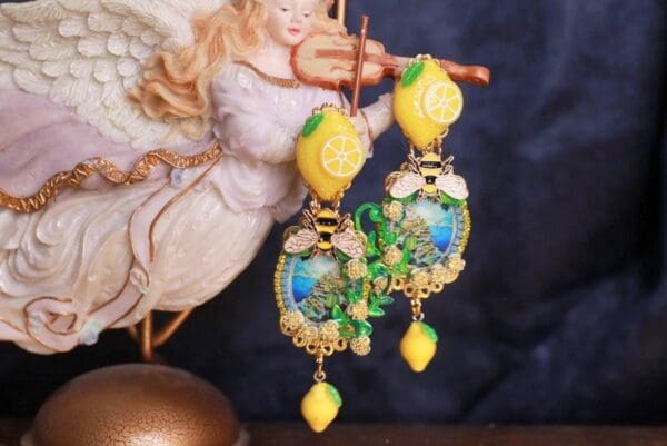 SOLD! 9842 Italian Taormina Cameo Bee Lemon Earrings