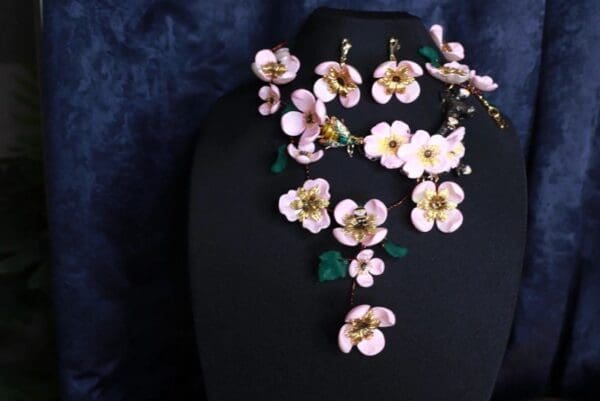 SOLD! 9852 Set Of Sakura blossom Hand Painted Massive Necklace+ Earrings - Image 3