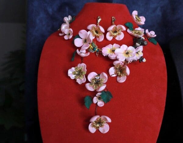 SOLD! 9852 Set Of Sakura blossom Hand Painted Massive Necklace+ Earrings - Image 2