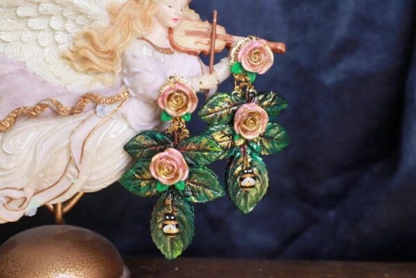 SOLD! 9856 Baroque Vivid Roses Leaf Hand Painted Earrings