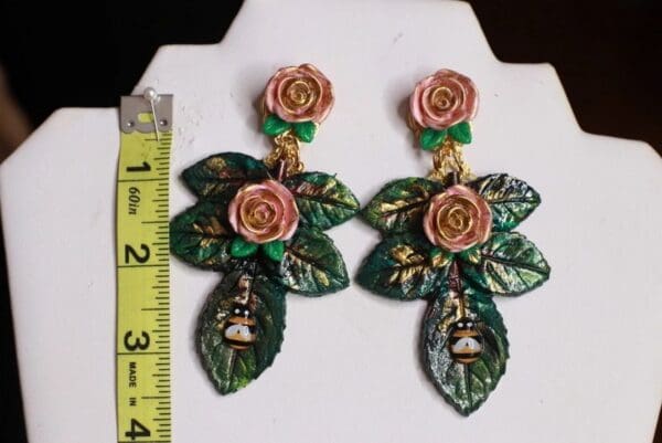 SOLD! 9856 Baroque Vivid Roses Leaf Hand Painted Earrings - Image 4