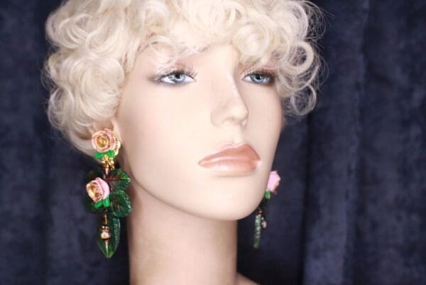 SOLD! 9856 Baroque Vivid Roses Leaf Hand Painted Earrings - Image 3
