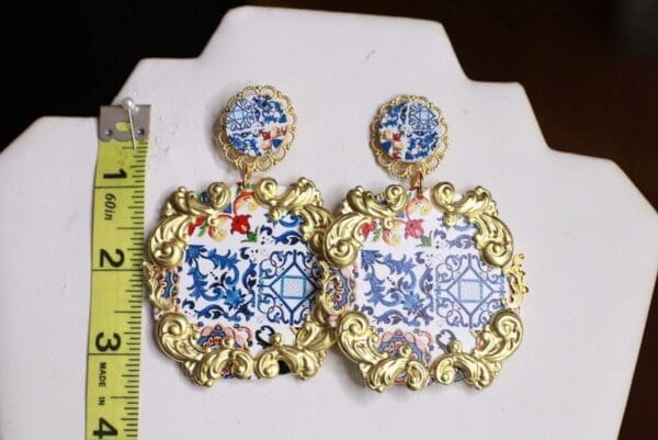 SOLD! 9860 Baroque Sicilian Tile Print Massive Earrings - Image 4