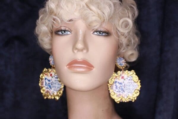 SOLD! 9860 Baroque Sicilian Tile Print Massive Earrings - Image 3